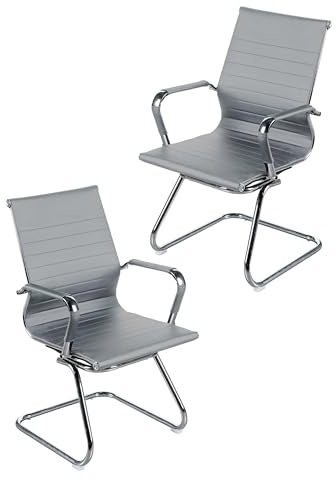Eigentlich Besucherstuhl Freischwinger grau, 2er Set | Konferenzstuhl Bürostuhl Wartezimmerstuhl Gästestuhl mit Armlehnen, Kunstleder, Gestell chrom