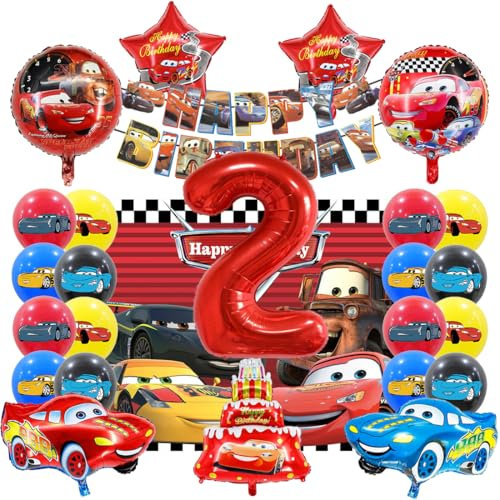 Cars Geburtstag Deko 2 Jahre, Kinder Auto Geburtstagsdeko, Auto Folienballondeko Jungen Mädchen, mit Kuchendekoration, Happy Birthday Banner und Auto Tischdecke für Kindergeburtstag Deko Party