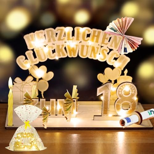 18. Geburtstag Mädchen Junge, Geldgeschenke Holz mit LED Lichterkette, Geschenk zum 18 Geburtstag Junge Madchen, Geschenkideen zum 18 Geburtstag, Herzlichen Glückwunsch