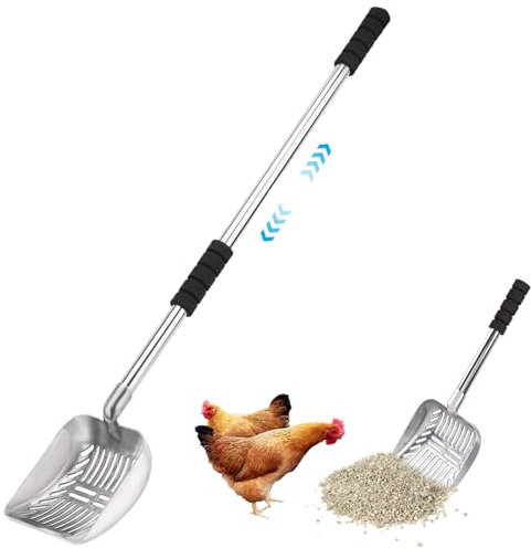 Chicken Poop Scooper 16-32in Dehnbares schnelles Sieben Metall Chicken Coop Scooper mit großem Schaufel gepolstert Grip ohne Biegung abnehmbarer Hundekatze Müllschaufel, Metallstreu Scoop Scoop