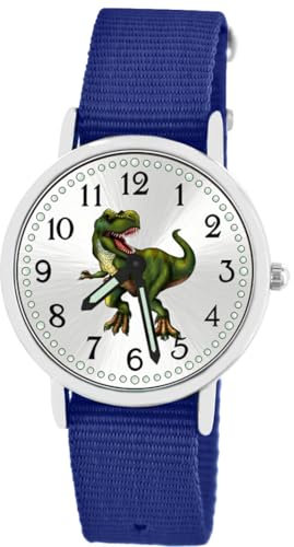 Brecjon Kinder Armbanduhr Jungen Jungenuhr Kids Dinosaurier T Rex Leuchtzeiger 5ATM Wasserdicht Textil Armband dunkelblau 5103