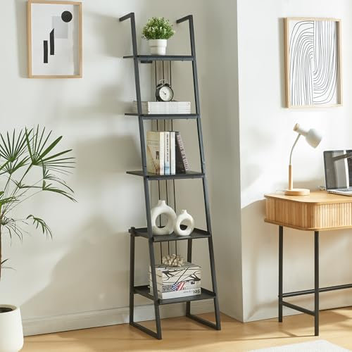 [en.casa] Scaffale a Scala con 5 Ripiani Libreria Mobile Espositore Multifunzionale a Forma di Scala 183,5 x 40 x 40 cm per Casa Ufficio - Nero