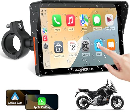 APHQUA 722 Système de navigation GPS pour moto avec Apple CarPlay et Android Auto, écran tactile étanche, Bluetooth, IP67 étanche pour moto, prend en charge Siri & Google Assistant