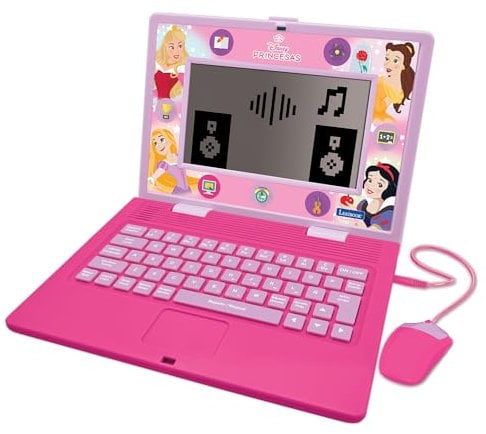 LEXIBOOK, Princessas Disney, Portátil Bilingüe y Educativo ESPAÑOL/INGLÉS, Juguete para Niños, 170 Actividades para Aprender, Jugar Juegos y Música, Pantalla Grande, Rosa, JC599DPi2