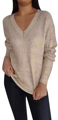 YCBMINGCAN Baumwoll Pullover Damen Glitzer, V-Ausschnitt, Stricktop, Pullover, Top, Damen, Langarm, Herbstshirts, Pullover, Medium Longpullover Für Damen Oversize (Khaki, XL)