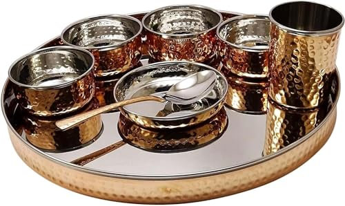 Indian Crockery Stainless Steel Copper Hammered Traditional Crockery Set of Thali Plates, Bowls, Glass and Spoon Serving Tableware for Home and Kitchen 12.5 INCHES