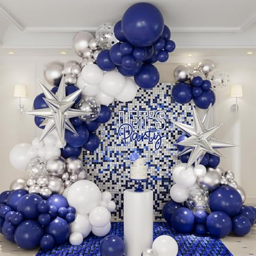 Set di arco per ghirlanda con 146 palloncini blu navy e argento, include palloncini blu reale metallizzati argento bianco e palloncini a stella esplosiva in lamina argento per decorazioni per laurea