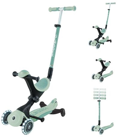 Globber - GO•UP Deluxe Lights ECO 360 – Skalierbarer Tretroller, 3 Räder mit Sitz und Modul 360, für Kinder von 15 Monaten bis 6 Jahren, Pistaziengrün