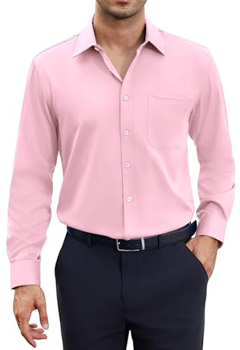 siliteelon Herren Hemd Langarm Bügelleichte Oberhemd Regular Fit Herrenhemden Stretch Freizeithemd Kirschblütenrosa Baumwolle Businesshemd für Männer