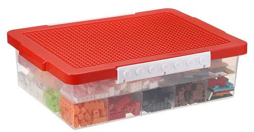 OGANAZI Plastic Building Block Bricks Storage Box, Red, 32.5 * 23.5 * 11cm | Lego Box with Sorting Tray and Building Plate Lid, Lego Organiser with Snap, Double Layers and 30 Compartments, Lego Storage