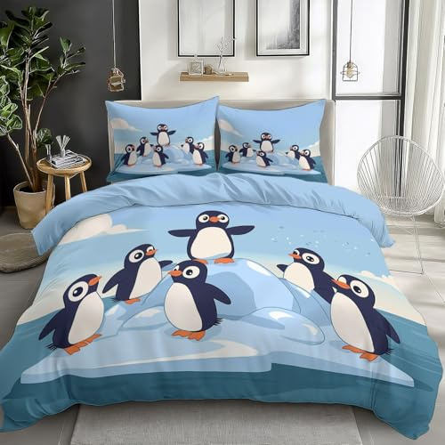 XCQHZYQ Bettwäsche-Set 135x200 cm Blauer Cartoon-Pinguin 3D Bettbezug Bettwäsche Polyester Baumwolle Weiche Wendebettwäsche für Teen Kinder Einzelbett Modern Bettbezüge