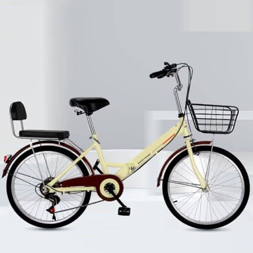 Klappräder zum Reisen und Abhängen, 6-Gang-Hybridräder, Pendlerfahrrad für Männer und Frauen, Rücksitz mit Rückenlehne, Verstellbarer Lenkersattel, Citybike, Vorder- und Hinterradbremsen/Beige/22 Zo