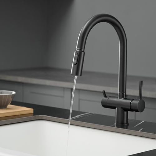 3 Wege Wasserhahn Küche Ausziehbar Messing 2 Griffe 3 Wege Wasserhahn Osmose Schwenkbar Einzelloch-Schwarz