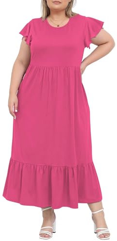Moon Wood Robe Longue Femme Ete Casual Robe Manche Courte Grande Taille Fluide Robes Boheme pour Mariages Fêtes Plage Chic Elegant Rose XXL
