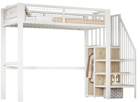 Azkoeesy Cama Alta con Escalera de Almacenamiento y Armario, 90 x 200 cm, para Adolescentes y Adultos, Marco de Hierro, con Rejilla y somier, Color Negro (Blanco, 90x200 cm)