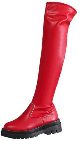 Generisch Stivali invernali retrò massicci con tacco spesso maniche lunghe sopra il ginocchio caldo donna inverno, Colore: rosso, 39 EU