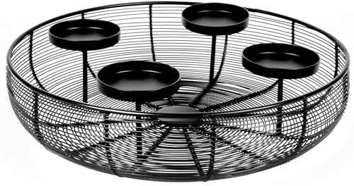 BURI Adventskranz Metallschale Schwarz Ø 36 cm | Moderner Adventskranz aus Drahtgeflecht mit 4 Kerzenhaltern | Adventskorb | Stilvolle Weihnachtsdeko