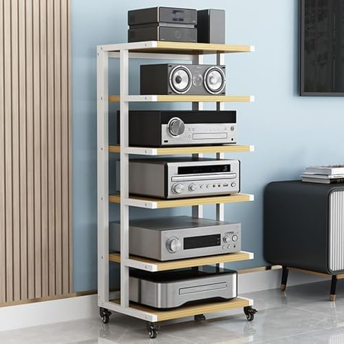 GDBTDL Mini HiFi Rack, Scaffale Audio a 6 Livelli con Ruote, Tavolo per Giradischi e Stand da Scrivania, Rack HiFi in Legno & Acciaio per Vinili, Lettori DVD e Apparecchi Audio