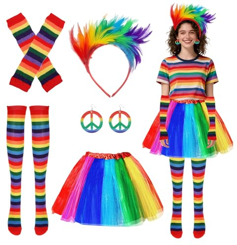 uinnossvc Karneval Regenbogen Kostüm Damen, 5er Regenbogen Kostüm, Regenbogens Tüllrock mit Bunt Feder Stirnband, Handschuhe, Ohrringe und Kniestrümpfe für Karneval,Halloween,Fasching,Mottoparty