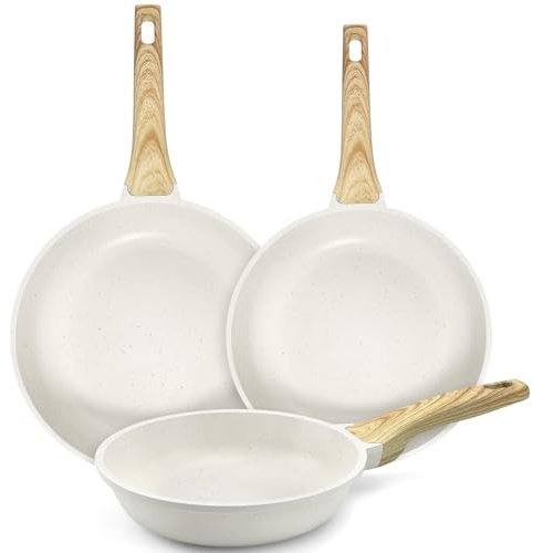 GiPP Nonstick Skillet Frying Pan Granite Non Stick Omelette Pans Non-Toxic | Non-Stick Coating,Heat-Resistant Handle,Compatible with All Stoves,PFOS/PFOA Free,Dishwasher Safe(White w/o Lid,24+26+28cm)