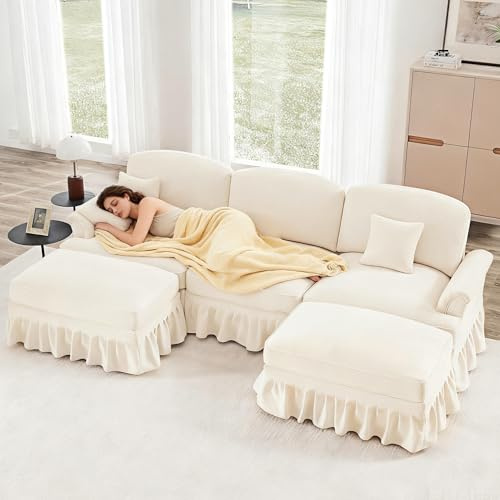 Bladez Modulares U-förmiges Ecksofa Schlafsofa mit Ottoman Hocker, abnehmbarem Volant, bequemer Chennille-Stoff, Holzbeine, Cloud Polstersofa Couchs für Wohnzimmer (Weiß, 3-Sitzer+2)