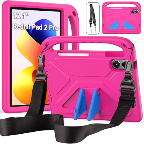 RollinCase Kinder Hülle für Xiaomi Redmi Pad 2 Pro 12.1 Zoll 2025, Magenta | Eva, Leicht, Stoßfest Schutzhülle, mit Kindergriff und Schultergurt