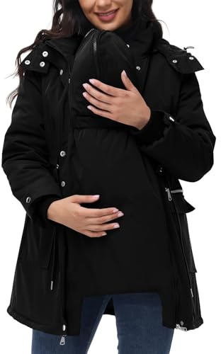 Generisch 3 In 1 Umstandsjacke Tragejacke mit Babyeinsatz Wintermantel Trageeinsatz Jacke Jackenerweiterung Winterjacke Warm Dicke Baumwolljacke Umstandsmode Schwangerschaft für Mama und Baby