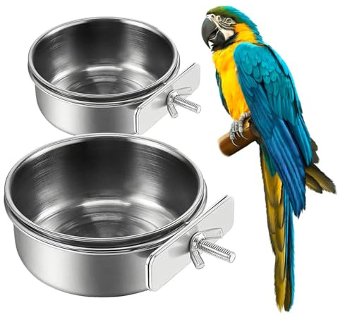 2Pcs Stainless Steel Bird Feeding Bowls, Small Bird Feeding Cup, Stainless Steel Parrot Food Bowl Cage with Holder, Parrot Cage Water Feeder, Pet Cage Cup Holder (Dia 4.72, 5.51,)
