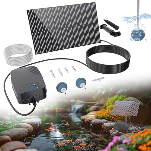Biling Aérateur de bassin solaire - Pompe à oxygène avec batterie 1500 mAh - Panneau en verre de 2 W - Tuyau de 3 m - IPX5 - Silencieux - Pompe à air solaire pour étang de jardin, citerne d'eau de