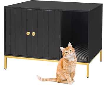 Relaxdays Katzenschrank für Katzentoilette, mit Katzenklomatte, mit Eingang, HBT: 55x80x50 cm, Katzenhaus, schwarz/Gold