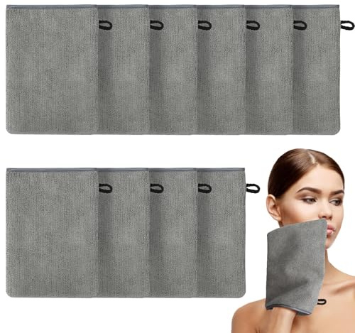 Qichan Lot de 10 gants de toilette réutilisables en fibre de bambou doux pour le corps et le visage, 15 x 21 cm, gants démaquillants en microfibre gris pour bain et spa