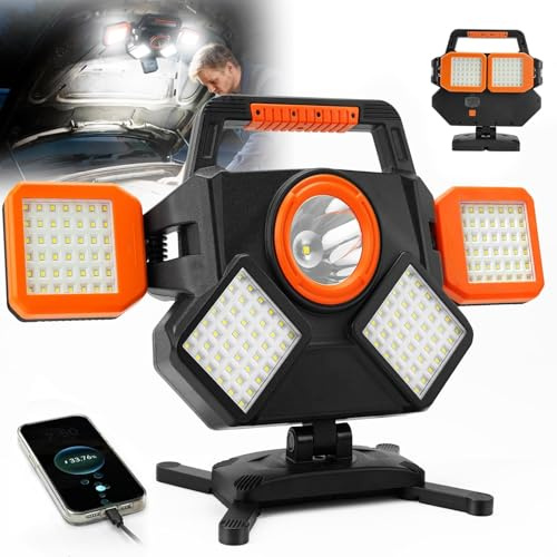 SideKing Baustrahler Akku 5000LM, Baustrahler LED 8000mAh mit 6 Lichtmodi, 360° Drehbar LED Strahler, Magnetische Werkstattlampe mit Powerbank, IP65 Wasserdicht led arbeitsleuchte f. Baustelle, Garage