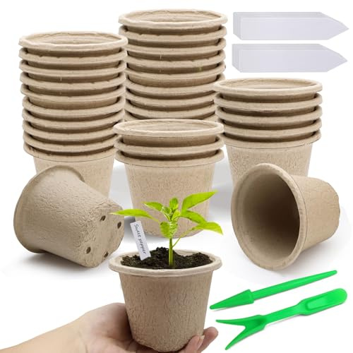 NCTNCX 30er Set Biologisch Abbaubare Anzuchttöpfe Ø 11cm | Inkl. 30 Etiketten & Pikierhilfe, Ideal für Gemüse, Kräuter & Blumen, Umweltfreundlich