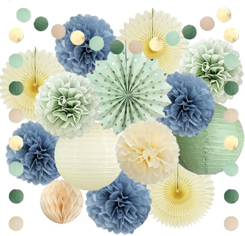 Party Deko Salbeigrün Blau JGA Deko Blau Grün Beige Party Deko Salbei Grün Staubblau Pastell Gelb Papierfächer Kit für Geburtstagsdeko Brautparty Verlobung Hochzeitsdeko Jugendweihe