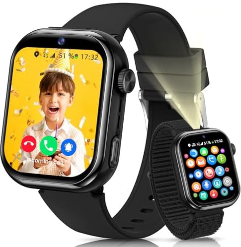 4G Smartwatch Bambini, Orologio Smartwatch Bambini con GPS, Doppia Fotocamera, Chiamate, Videochiamata, SOS, Modalità Scuola, Torcia, IP68, Contapassi per Ragazzi e Ragazze, Nero, Garanzia 3 Anni