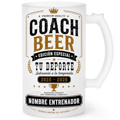 Gifters | Jarra de Cerveza Personalizada para Entrenador con Nombre, Deporte y Temporada | Cristal Mate 500 ml | Diseño Coach Beer Edición Especial | Regalo Original Fútbol, Rugby, Baloncesto...