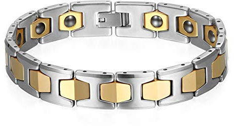 JewelryWe Schmuck Herren Magnet Armband, Wolfram Wolframcarbid, 12mm Breit I Sechseck Link Atemberaubendes Solides Poliert Magnetarmband Gliederarmband, Gold Silber