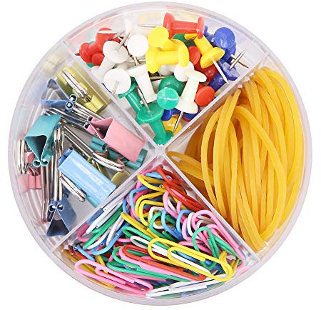 Gino 4-in-1 Round Box Stationery Set with 10 Binder Clips, 45 Rubber Bands, 100 Paper Clips, 50 Pushpins, Total 205 Pcs Material, Suitable for Office, Home, School Use