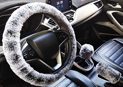 IXITON 3 Stück weiche Kunstwolle Plüsch Lenkradabdeckung, Universelle Verdickung Warmes rutschfestes Auto-Interieur, Flauschige Handbremsabdeckung und Schaltabdeckung (Manual,Black Grey)
