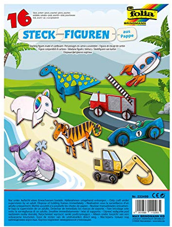 folia 233499 - Steckfiguren aus Pappe, 16 Motive sortiert, Fahrzeuge und Tiere - ideal für das Basteln und Gestalten mit Kindern