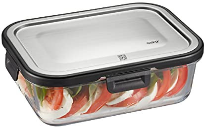 GEFU Frischhaltedose MILO - smarte Lunchbox mit Frische- & Vorratskontrolle per App, aus Glas mit Silikonverdichtung & Klick-Verschluss, Lebensmittelbehälter, Tupperdose, 1000 ml, rechteckig