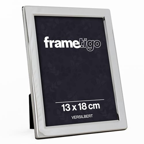 Frametigo – Versilberter Bilderrahmen 13x18cm mit flachem Rand – Echtglas & Samtrückseite mit Aufsteller – Anlaufgeschützt – Hochformat & Querformat – Eleganter Fotorahmen in Silber