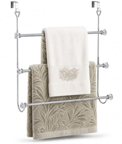 Over Door Towel Rail, 3 Tier Chrome Bathroom Towel Rack, No Drill 55cm Wide | 3 tier chrome over door towel rail and bathroom rack no drill, 55cm wide, fits doors up to 4.3cm for towels, robes & clothes.