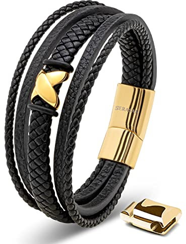 SERASAR Pulsera Cuero Hombre Oro 17cm Dorado Pulseras Hombres Brazalete Brazaletes Pulso Muñequera Muñequeras Bisuteria Joyeria Nudos Cuerda Leather Bracelet Jewellery Bandera España