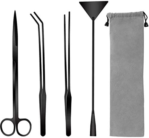Aquarium Aquascape Tools Kit, Coolrunner 4 in 1 Anti-Rust Aquatic Plant Aquascaping Tool Stainless Steel Tweezers Scissors Spatula for Aquarium Tank Clean Fish Tank Aquascape Tools Set (Black)