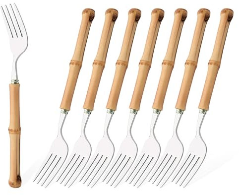 Uniturcky Juego de tenedores de cena, juego de tenedores de bambú natural de 8 piezas, tenedor de acero inoxidable 18/8 de grado alimenticio con mango de bambú, acabado de espejo plateado, tenedores