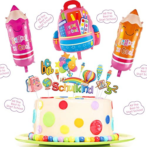 Einschulung Deko Jungen Mädchen, Schuleinführung Schulanfang Deko Set, DIY Einschulung Deko Set mit 1 Schultüte Folienballon + 2 Pencil Folienballons +11 Stk Schulanfang Cupcake Topper(Rosa Serie)