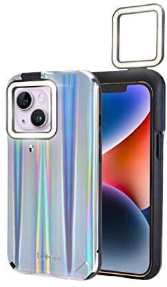 LuMee Flip - iPhone 14 Case/iPhone 13 Case - Illuminated Flashlight Phone Cover with Front & Rear LED Light Up - Rechargeable Case w/Flippable Dual Side Light, Adjustable Brightness - Holographic