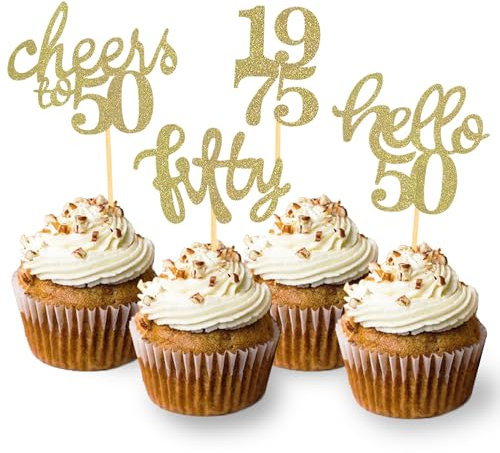 24 Stück Glitzer 50. Geburtstag Cupcake Topper, Geburtstagsdeko 50 von 1975 für Deko zum 50.Geburtstag, 50 Geburtstagsfeier Zubehör Party Dekoration Kuchendekoration (Gold)