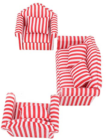 MXGZ Miniatursofa Puppenstubensofa Starke Bunte Streifen 3-TLG. Hingucker 1:12 (Rot)